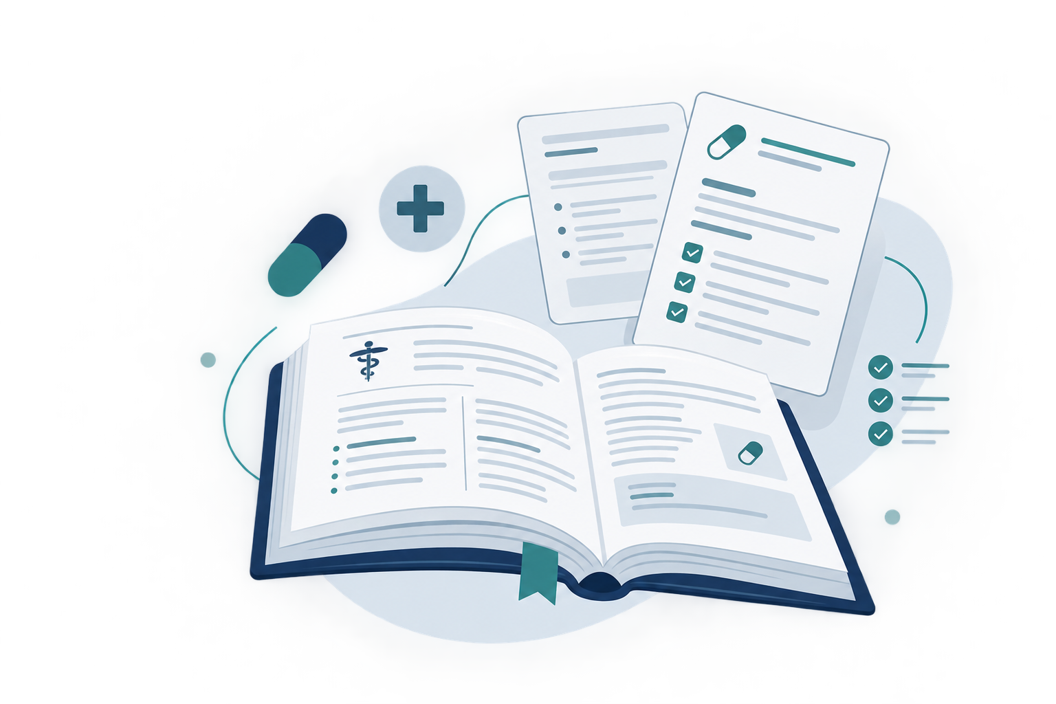 Livro médico aberto e fichas de prescrição